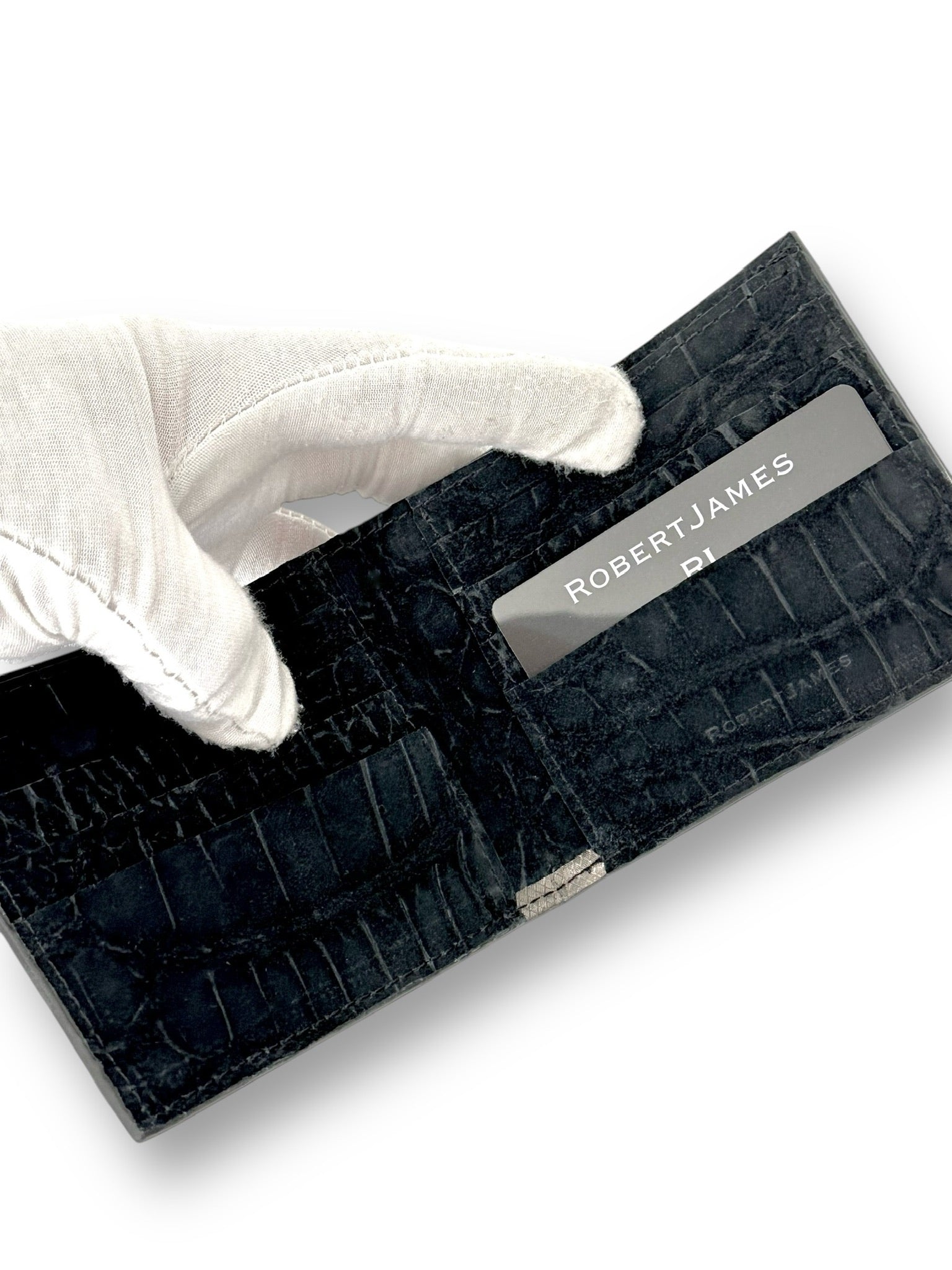 Black Nubuck Suede Alligator - Bi-Fold Unisex Wallet image 2