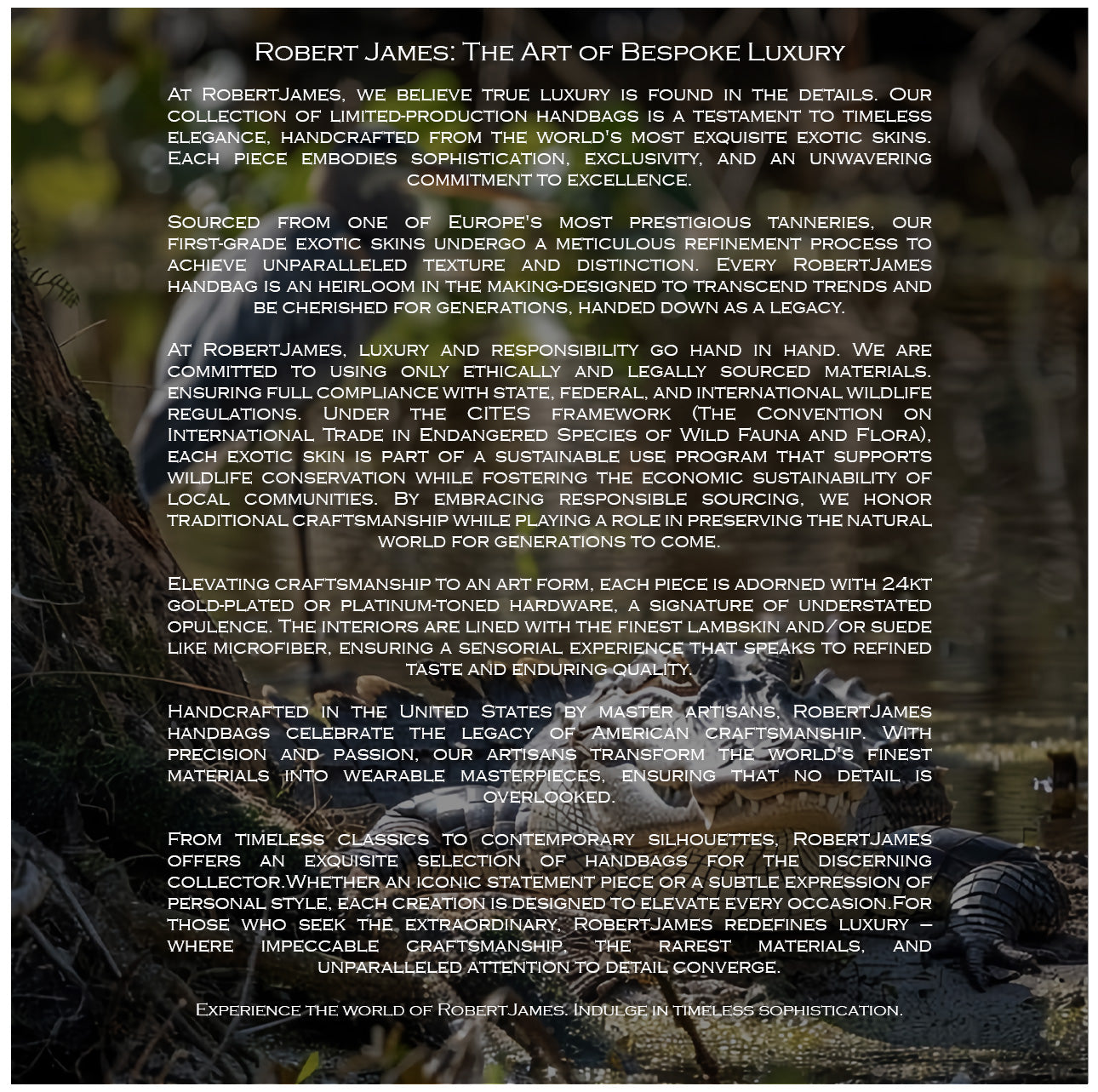 Text about Robert James handbags on a dark background