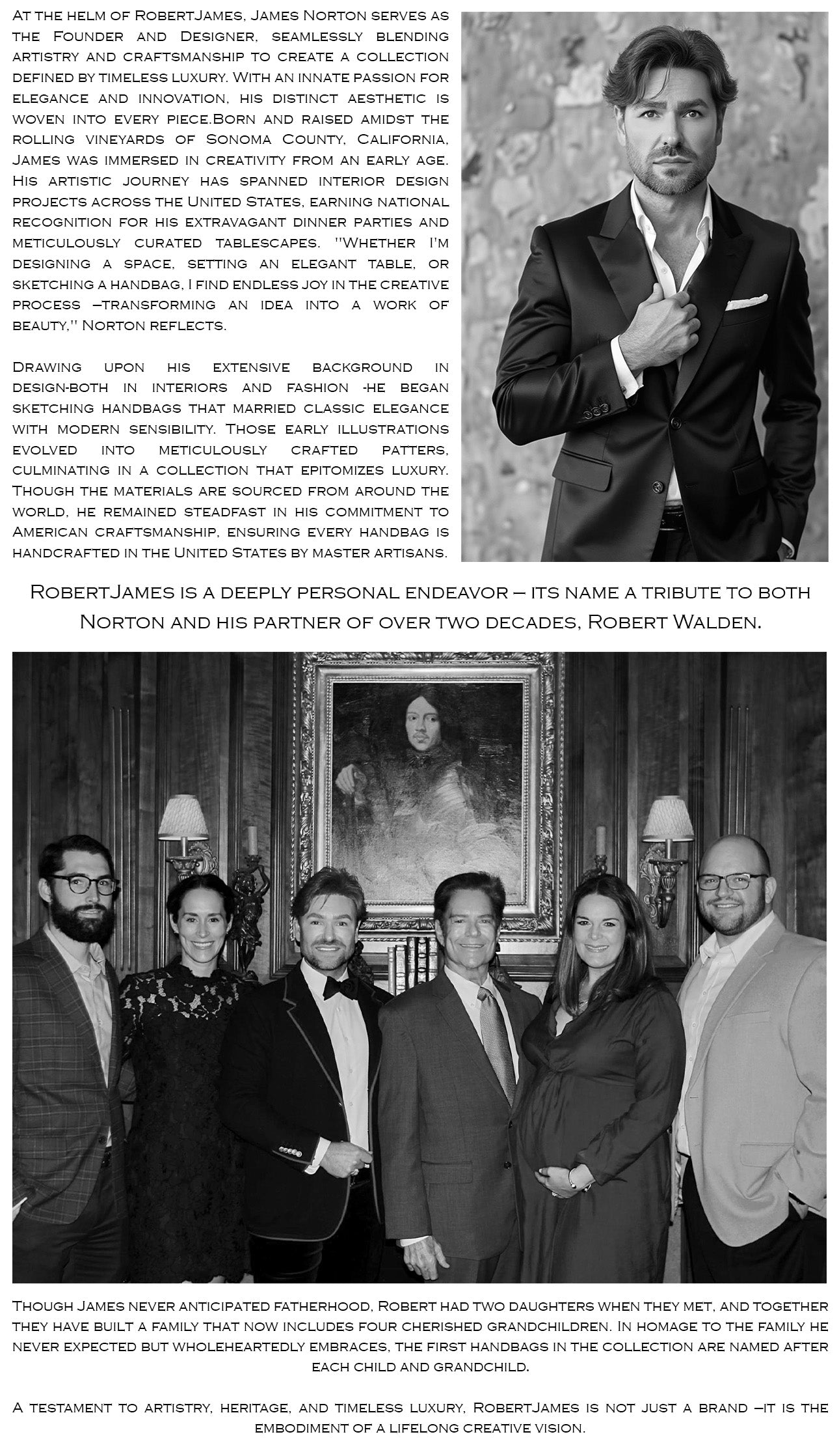Promotional image of a man in a suit with text and a group photo of people in formal attire.