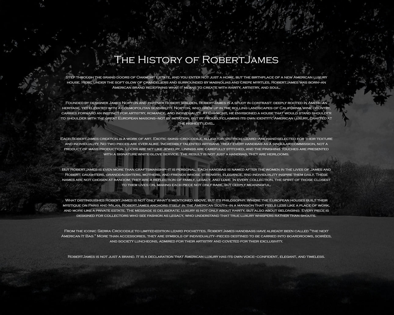 Text about 'The History of Robert James' on a dark background with trees.