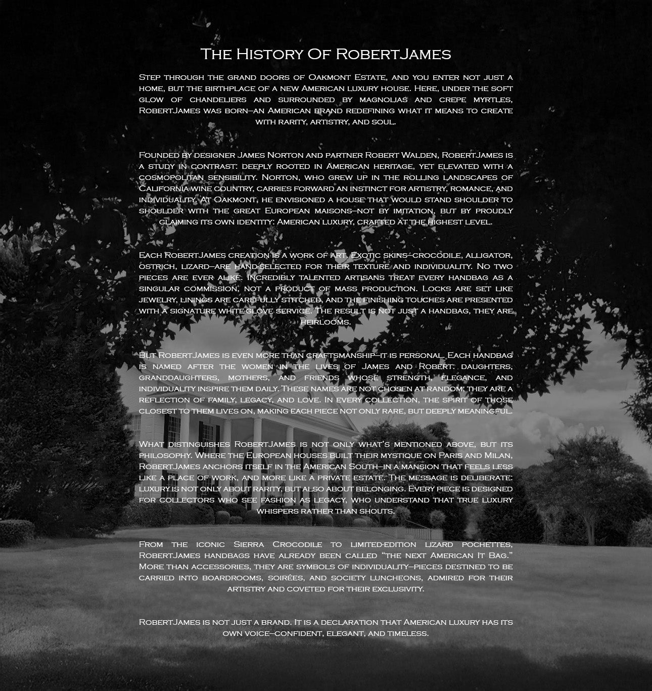 Text overlay on a black and white landscape image of a house.