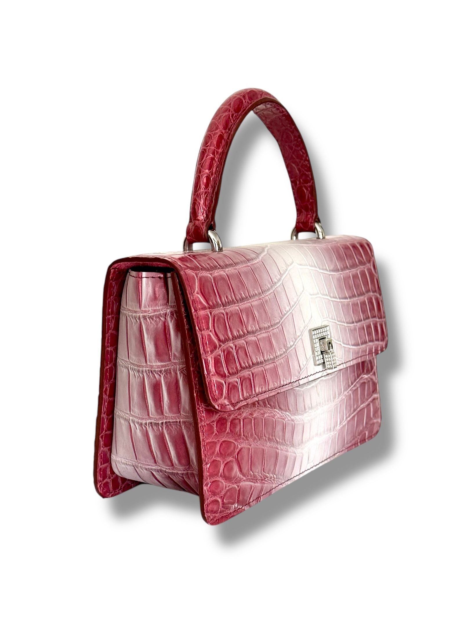 Metallic Raspberry with Matte White Porosus Crocodile - Anka Top Handle image 1