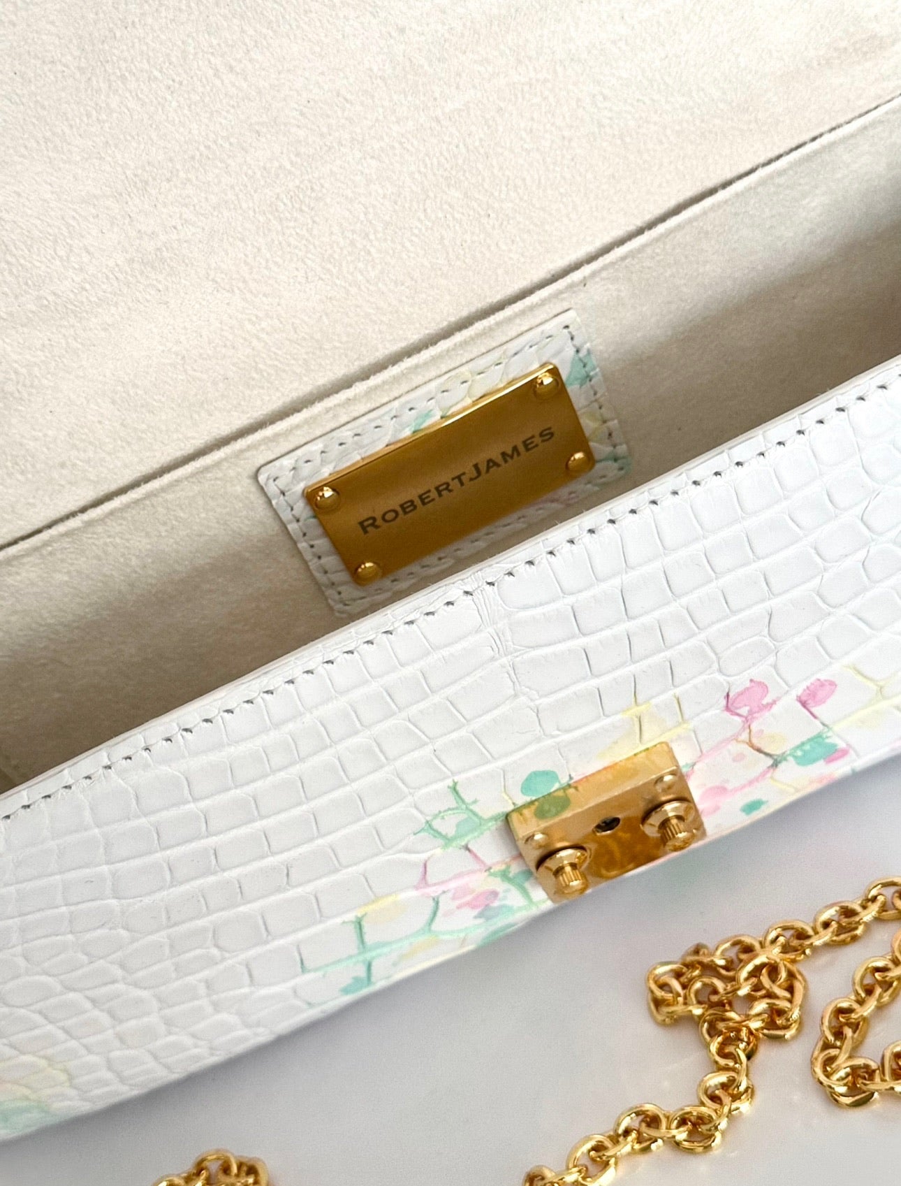 White with hues of Pink, Green, and Yellow Alligator - Minnie Pochette image 3