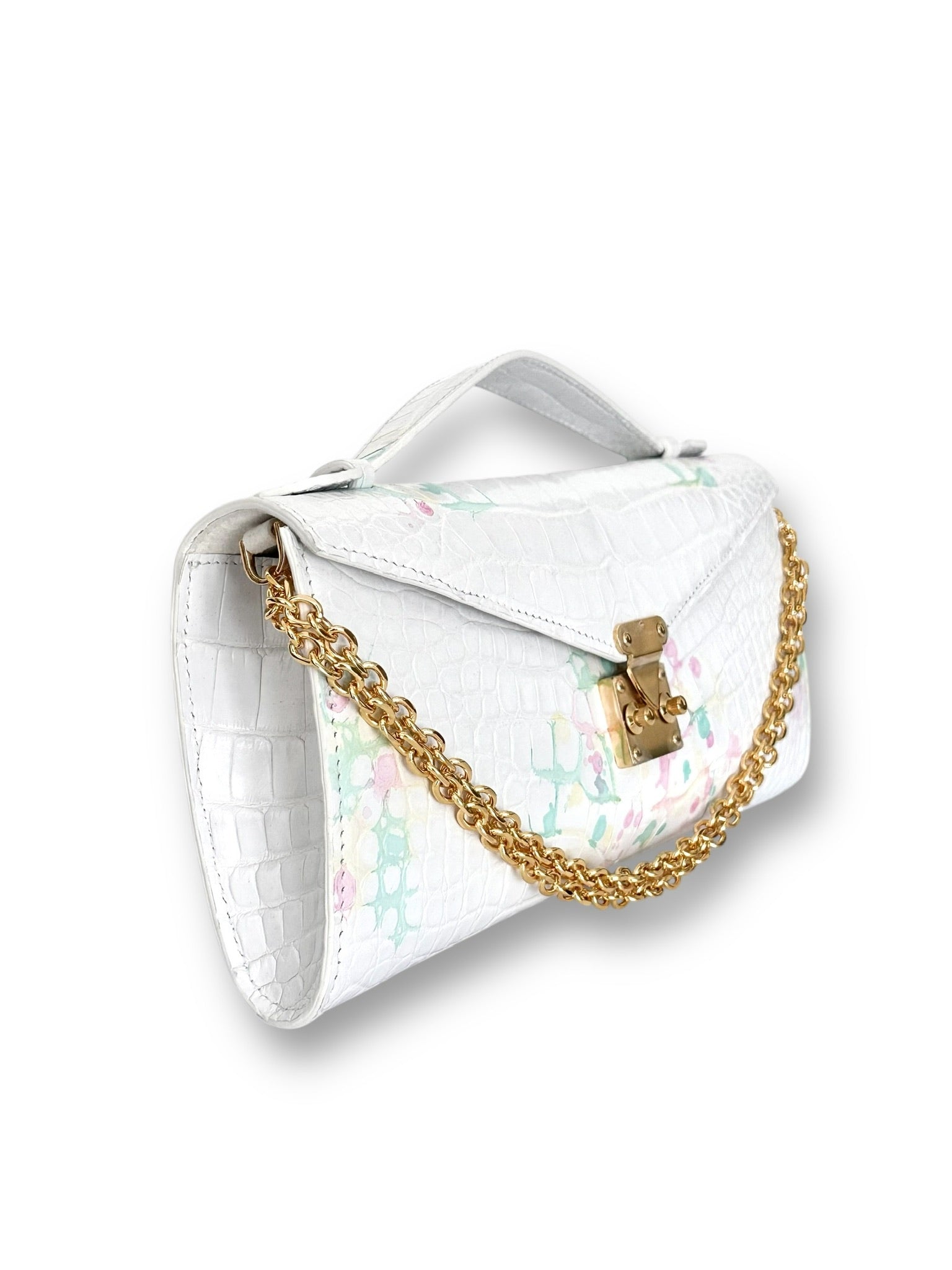White with hues of Pink, Green, and Yellow Alligator - Minnie Pochette image 1